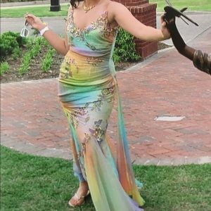 La Femme pastel tie dye prom dress with appliqué flower detail - size 10